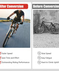1500W Front Wheel Hub Motor Conversion Kit For 26 Inch By 4 Inch E Bike DC 48V Electric Bicycle Conversion Kit With Five Speed Adjustable And LCD Meter Built For Power Boost Smooth Cruise And Highway Cycling shown in before and after comparison.