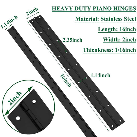 Badass Heavy Duty 16 Inch Piano Hinges 4 Pack Black Stainless Steel Continuous Door Hardware Rust Resistant Smooth Finish Built Tough Great For Home Upgrades with measurements.