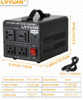 Heavy Duty 2000W Voltage Transformer Converter Step Up From 110-120V To 220-240V And Step Down From 220-240V To 110-120V With 2 US Outlets And 2 Universal Outlets For Home, Travel, And Powering 50 60 Hz Electronics showing dimensions and cord.
