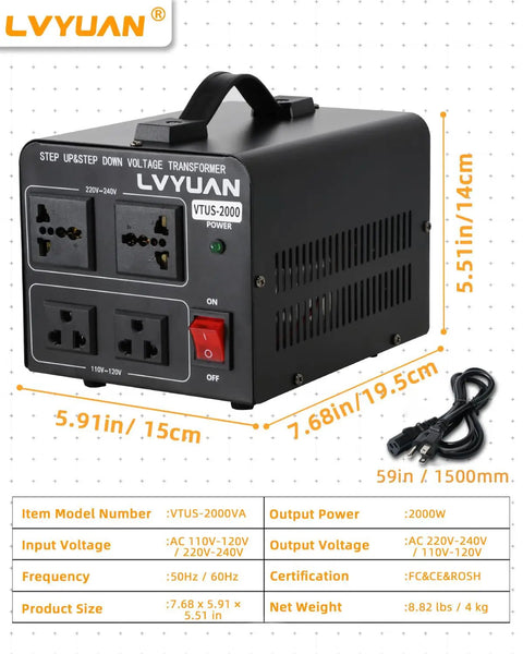 Heavy Duty 2000W Voltage Transformer Converter Step Up From 110-120V To 220-240V And Step Down From 220-240V To 110-120V With 2 US Outlets And 2 Universal Outlets For Home, Travel, And Powering 50 60 Hz Electronics showing dimensions and cord.