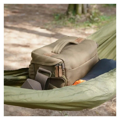 Ultralight Hammock Storage Sling For Bikepacking And Camping Gear, compact organizer in green hammock outdoors