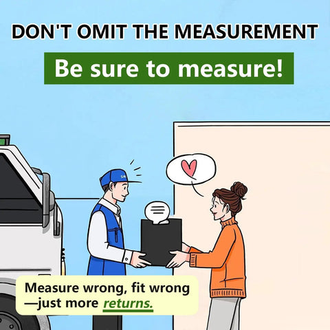 Cartoon delivery person and customer with sign about measuring to avoid returns, related to Expandable Window Screen 2-Pack With Frame.