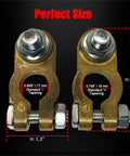 Beefy Brass Top Post Battery Terminal Connectors Set For Positive And Negative, Marine Car Boat RV Ready, front view with measurements