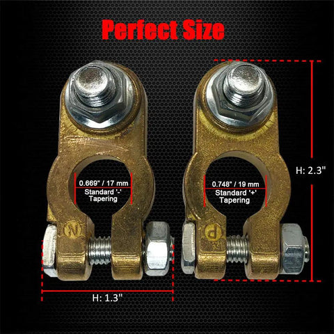Beefy Brass Top Post Battery Terminal Connectors Set For Positive And Negative, Marine Car Boat RV Ready, front view with measurements