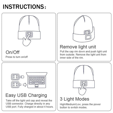 Instructions for Light Up Beanie With Hands Free LED Light USB Rechargeable Knit Hat for nighttime use and easy USB charging.