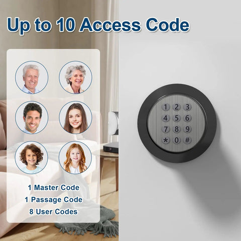 Keyless Entry Digital Door Lock With Keypad For Bedroom Home Office No Key Hassle Easy Install Auto Lock Anti Slip Handle And Spare Keys Durable Metal Electronic Lock close up showing keypad and access codes list.