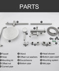 Parts layout of 304 Stainless Outdoor Shower Kit In Brushed Nickel, High Pressure Shower System with Rainfall Shower and Handheld Spray.