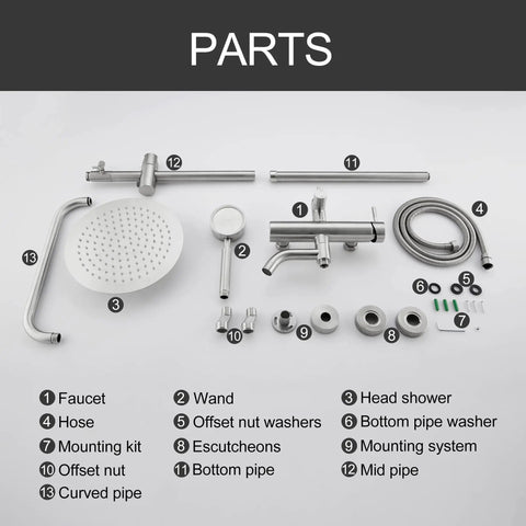 Parts layout of 304 Stainless Outdoor Shower Kit In Brushed Nickel, High Pressure Shower System with Rainfall Shower and Handheld Spray.