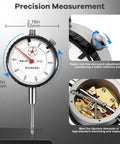 Pro Grade Dial Indicator With Magnetic Base, 0 To 1 Inch Range, 0.001 Inch Graduation, 2 Inch White Dial, Locking Bezel, High Accuracy Runout Gauge For Machining And Inspection shown with detailed measurements and close-ups.