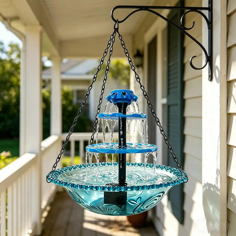 Three Tier Solar Powered Hanging Bird Bath Fountain With Cascading Water Flow To Attract Hummingbirds And Wild Birds