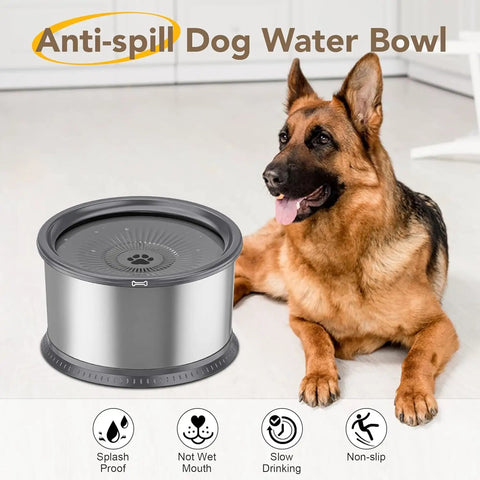 Anti-spill stainless steel dog water bowl with German Shepherd, splash proof design, focus keyword not applicable here.