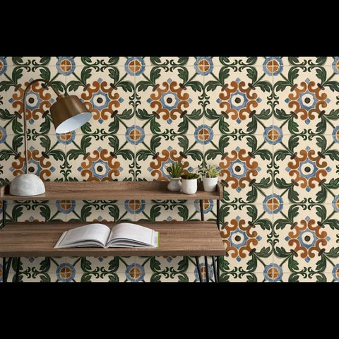 Pro Level Distressed Tiles Vinyl Wallpaper With Badass Leather Texture For Commercial Spaces And Home Renos Paste Required Super Durable Type Two Wallcovering Custom Printed Just For You Killer Interior Decor on a stylish workspace with a lamp and book.