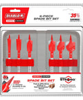 Six Piece Spade Bit Set With Nail Kicker Dura Tip For Knotty Lumber And Embedded Nails Pocket Friendly Pro Quality in storage case.