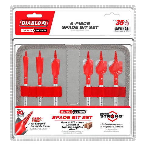 Six Piece Spade Bit Set With Nail Kicker Dura Tip For Knotty Lumber And Embedded Nails Pocket Friendly Pro Quality in storage case.