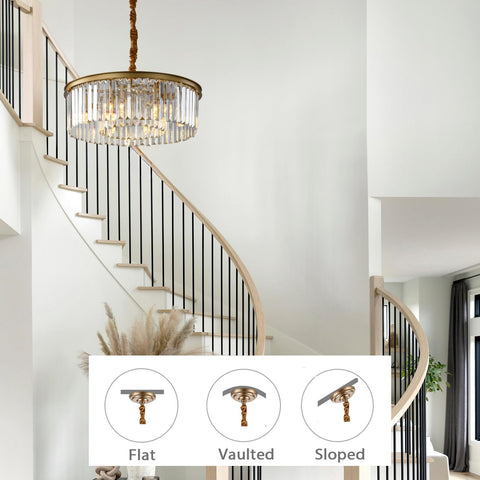 Gold Modern Crystal Chandelier Semi Flush Mount Ceiling Light Fixture 2 Tier K9 Crystal Hanging Pendant Light over staircase