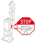 Diagram of vacuum with STOP sign reminder to check model compatibility for Beefed Up NV360 Replacement Hose And Handle Assembly.