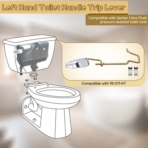 Left Hand Pressure Assist Toilet Lever With Linkage For Gerber Ultra Flush Tanks 99-571-KT Compatible Durable Brass Construction One Pack Replacement Handle For Smooth Flush And Long Lasting Performance. Left-hand brass toilet lever with linkage for pressure-assisted tank.