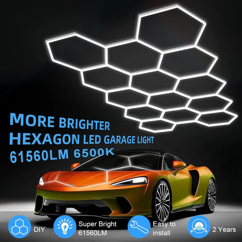 Hexagon LED Garage Light 14 Grid Octagon Shop Light 6500K Daylight White Hella Bright 61560 Lumens Energy Efficient for Workshop