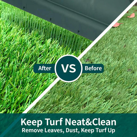 Before and after comparison of lawn turf using 3 In 1 Turf Rake For Artificial Grass And Carpet Care With Adjustable 32 To 50 Inch Steel Handle Dense Nylon Tooth Brush Head For Quick Leaf Pet Hair And Debris Removal From Lawn Turf And Indoor Surfaces.