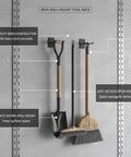 Iron Wall Mount Tool Rack For Garage, Heavy Duty Metal Organizer For Shovels, Rakes, And Brooms With Screws, Black Finish shown on wall