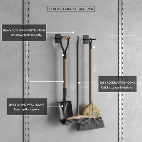Iron Wall Mount Tool Rack For Garage, Heavy Duty Metal Organizer For Shovels, Rakes, And Brooms With Screws, Black Finish shown on wall
