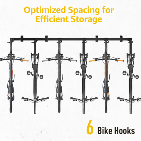 Heavy Duty Wall Mounted Bike Rack With Six Adjustable Hangers On A 78.5 Inch Rail Ultra Strong Steel Garage Storage Solution