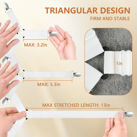 Four Pack Bed Sheet Straps With Metal Clips showing adjustable elastic holders with maximum lengths