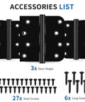 Top Notch Four Inch Ball Bearing Door Hinges In Deep Matte Black With Full Fastener Kit showing 3 hinges and various screws.