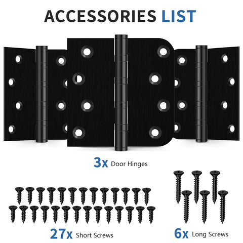 Top Notch Four Inch Ball Bearing Door Hinges In Deep Matte Black With Full Fastener Kit showing 3 hinges and various screws.