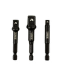 Impact Grade Socket Adapter Set Turns Your Impact Drill Driver Into A High Speed Socket Driver With Three Inch Long Adapters In Quarter Inch Three Eighth Inch And Half Inch Drive For Versatile Reach And Quick Socketing. Three black socket adapters of varying sizes.