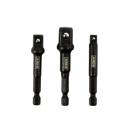 Impact Grade Socket Adapter Set Turns Your Impact Drill Driver Into A High Speed Socket Driver With Three Inch Long Adapters In Quarter Inch Three Eighth Inch And Half Inch Drive For Versatile Reach And Quick Socketing. Three black socket adapters of varying sizes.