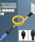 Heavy Duty Three Foot Nema 5 15P To 5 15R 5 20R 6 15R 6 20R AC Adapter Four In One Voltage Converter Cord connected to a wall socket.