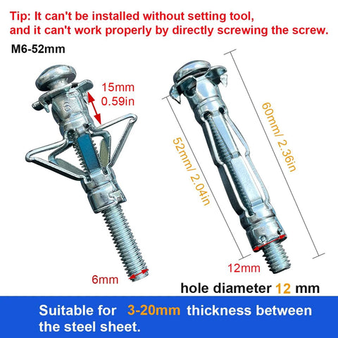 Diagram of M6x52mm zinc-plated steel molly bolts from Drywall Anchor Kit For Hollow Walls With Screws 30Pcs, showing dimensions.