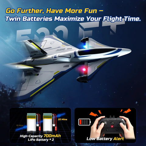 Rad 4 Channel Brushless RC Plane With LED Lights Ready To Fly Jet Hobby Aircraft, images of sci-fi jet and remote control at night.