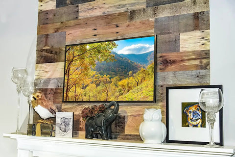 Reclaimed Wood Plank Set For DIY Rustic Accent Wall With Multi Width And Color Kiln Dried And Easy To Install Vintage Vibe From WWII Shipping Containers 10 Sq Ft Coverage Ideal For Home Renovation And Farmhouse Decor behind fireplace decor
