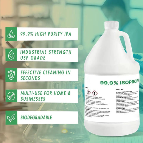 Highly Pure 99 Percent Isopropyl Alcohol IPA USP Grade One Gallon Bottle For Cleaning Degreasing Disinfecting And Lab Or Industrial Use Ready To Use Made In The USA with features listed beside.