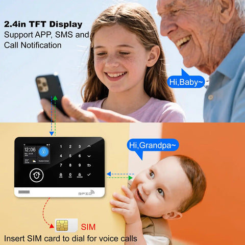 Family interacting with Heavy Duty All In One Wireless Home Security Alarm System 23 Piece Kit with 2.4 inch screen.