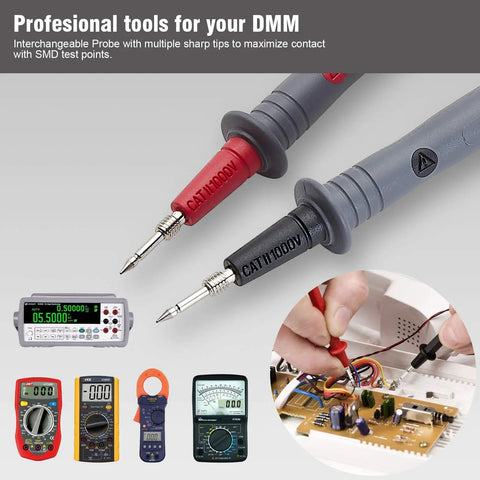 Close-up of dual color insulated probes for Soft Silicone Test Lead Kit With Threaded Safety Alligator Clips, CAT III 1000V and CAT IV 600V.
