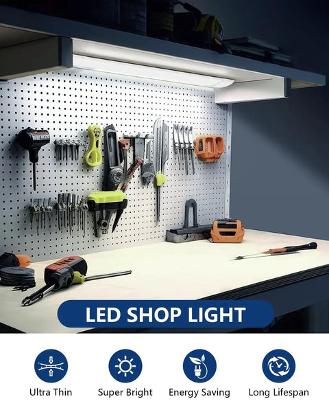 3ft LED Shop Light Fixture 30W Tube 3600 Lumens 4000K Neutral White Ceiling Light illuminating a workbench with tools