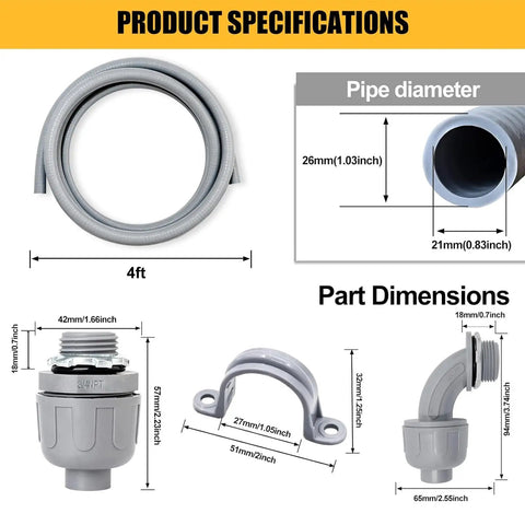 Three Quarter Inch Four Foot Liquid Tight Electrical Conduit Kit With Flexible Pro Grade Non Metallic PVC Conduits And One Straight And One 90 Degree Fitting Includes Pipe Straps For Easy Wire Pulling And Durable Indoors And Outdoors