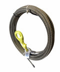 Three Eighths Inch By Seventy Five Foot Fiber Core Winch Cable With Self Locking Swivel Hook Coiled with Yellow Hook Visible