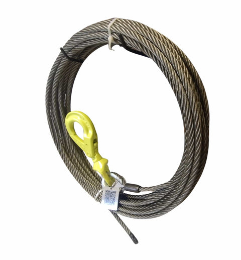 Three Eighths Inch By Seventy Five Foot Fiber Core Winch Cable With Self Locking Swivel Hook Coiled with Yellow Hook Visible