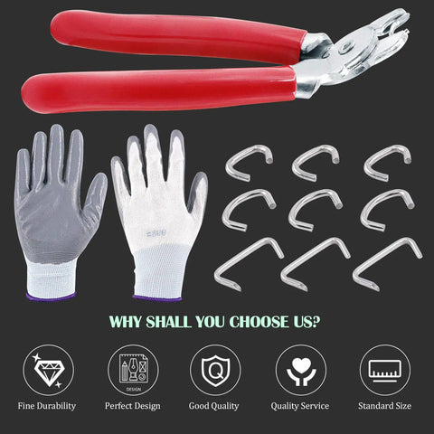 Angled Hog Ring Pliers Kit With Galvanized Hog Rings And Gloves, 360 Rings In 3 Sizes shown with pliers, rings, and gloves