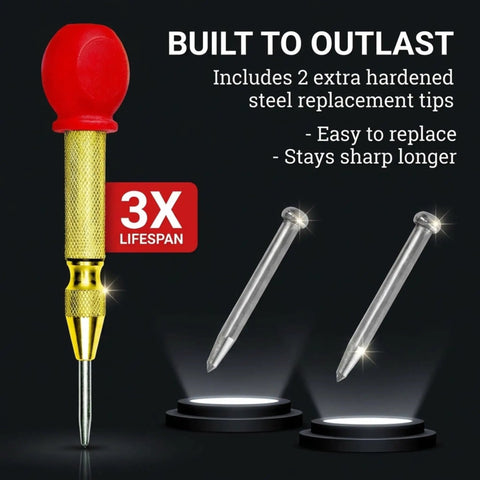 Heavy Duty Automatic Center Hole Punch Boss Level Adjustable Spring Guide With Hardened Steel Tip And Slick Cushion Grip For Marking Drilling Metal Wood Glass Or Windows Solid Hand Tool with two spare tips