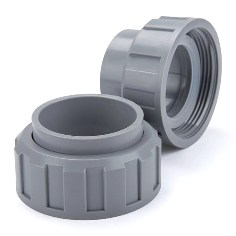 Close-up of two gray PVC connectors with nut heater flanges, 2 inches, for pool heater parts
