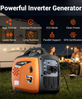 Powerful 5000W Inverter Generator for Home Backup and Outdoor Adventures, gas powered with Eco Mode, shown near an RV.