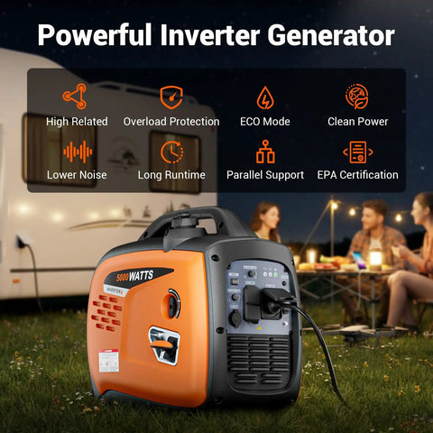 Powerful 5000W Inverter Generator for Home Backup and Outdoor Adventures, gas powered with Eco Mode, shown near an RV.