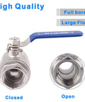 Heavy Duty 304 Stainless Steel Full Port Ball Valve For Water Oil And Gas With Blue Locking Handle 1-1/4 Inch Open and Closed View