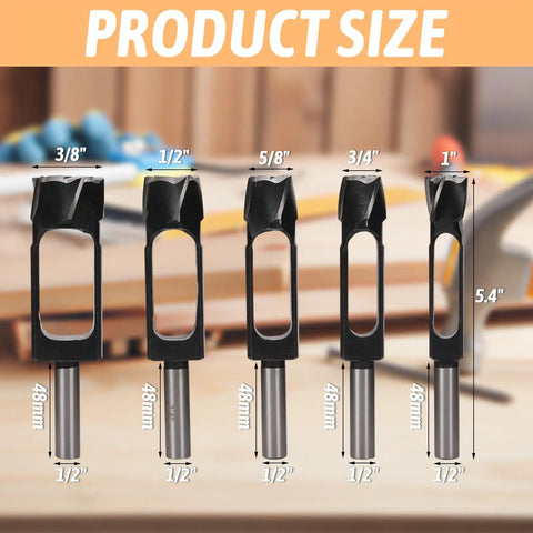 Built Like A Tank 5 Piece Wood Plug Cutter Set showing sizes 3/8 to 1 inch high carbon steel bits for woodworking.
