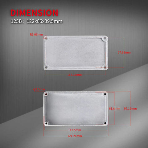 Top and bottom view of 3 Pack Durable Aluminum Guitar Effect Pedal Enclosures 125B 1590N1 Stomp Box Unfinished Metal Case dimensions